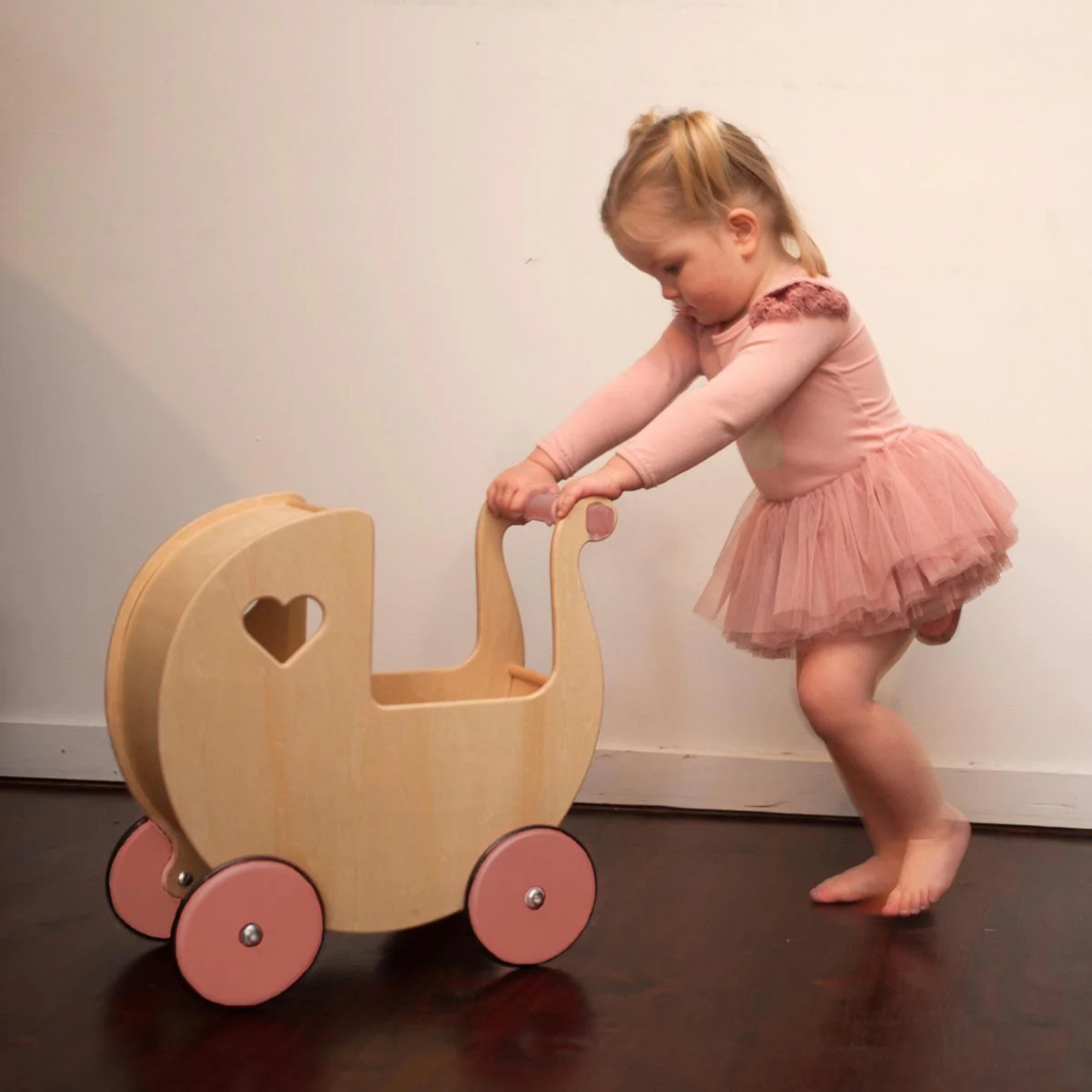Classic Dolls Pram - Natural/Pink Wheels