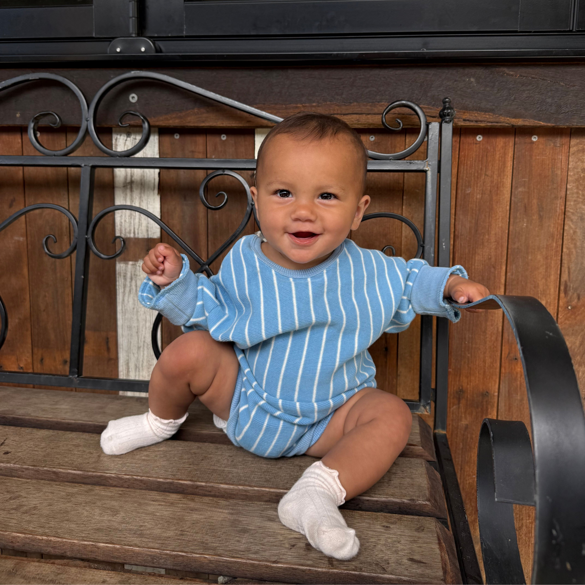 Addie Cotton Stripe Romper - Blue/White Stripe