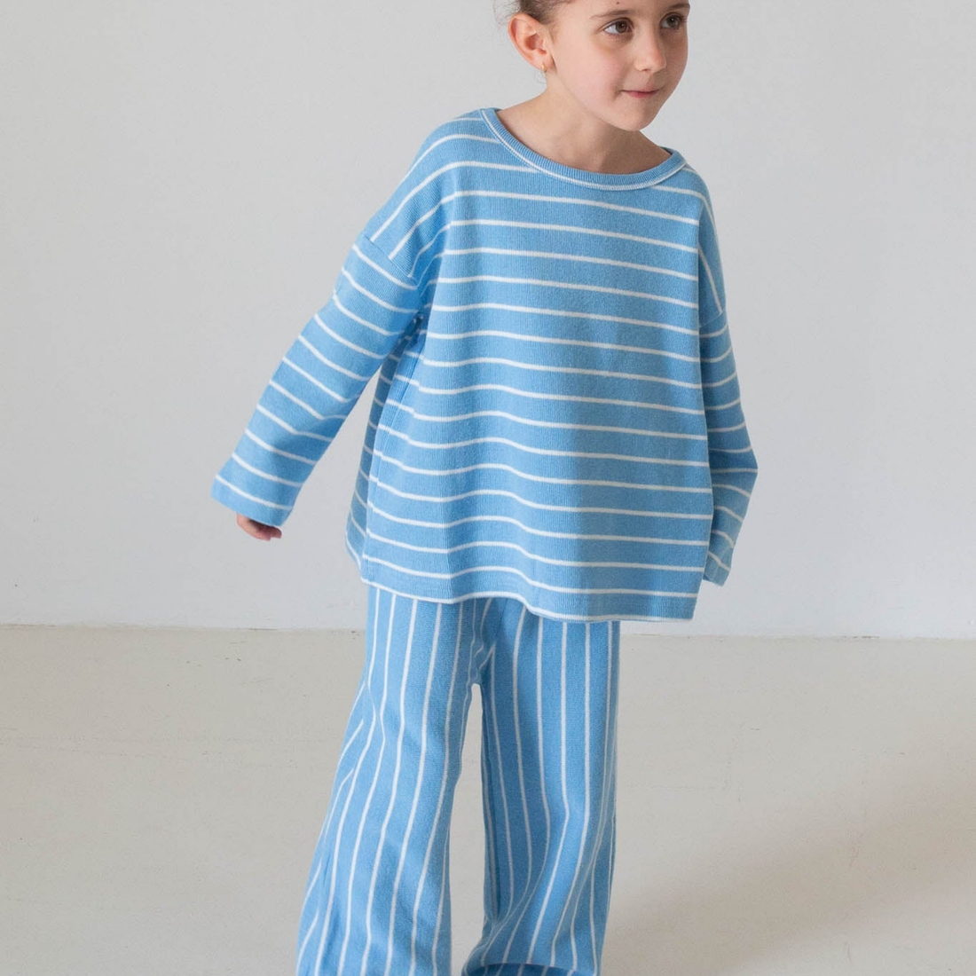 Alma Cotton Stripe Long Sleeve Set - Blue/White Stripe