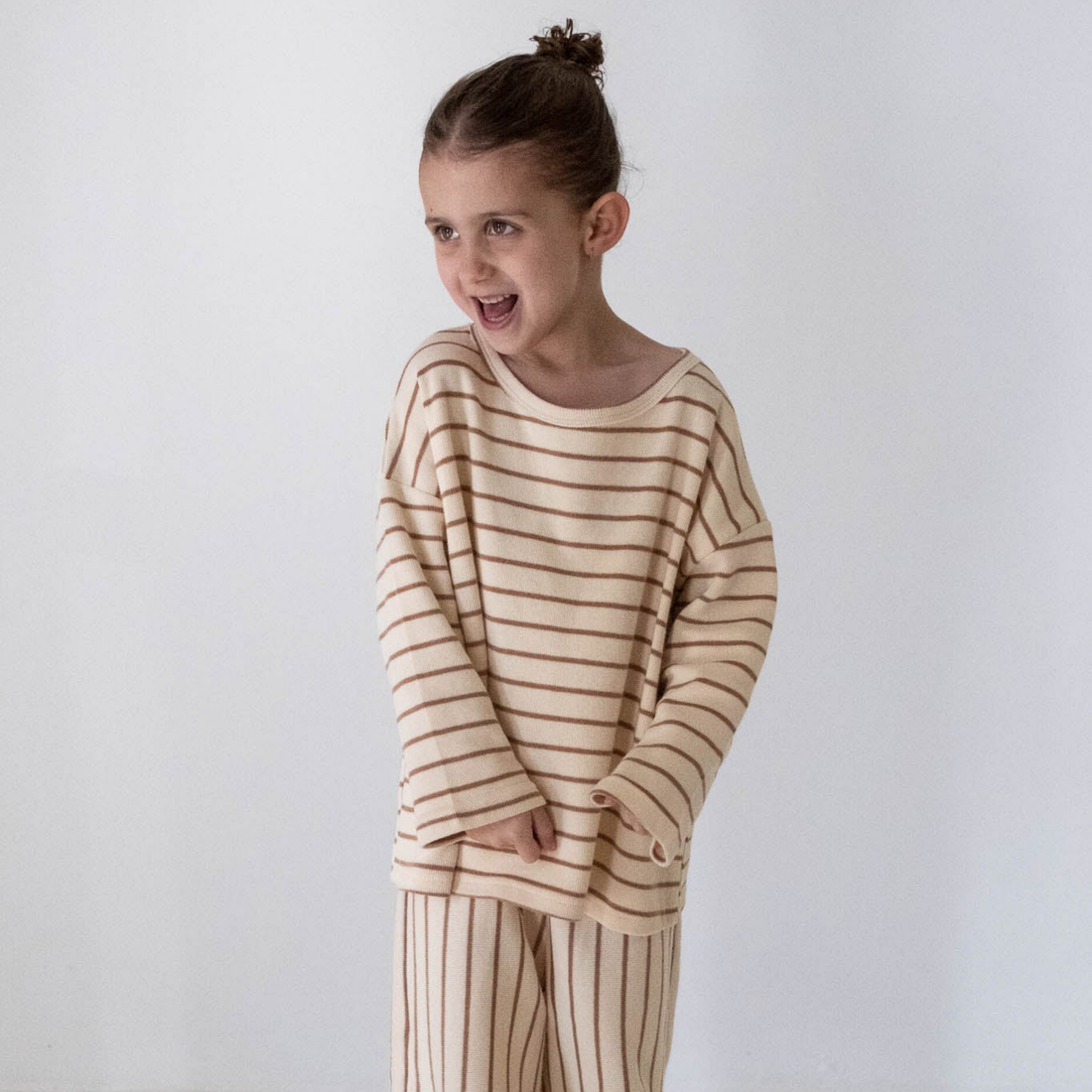 Alma Cotton Stripe Long Sleeve Set - Cream/Latte Stripe