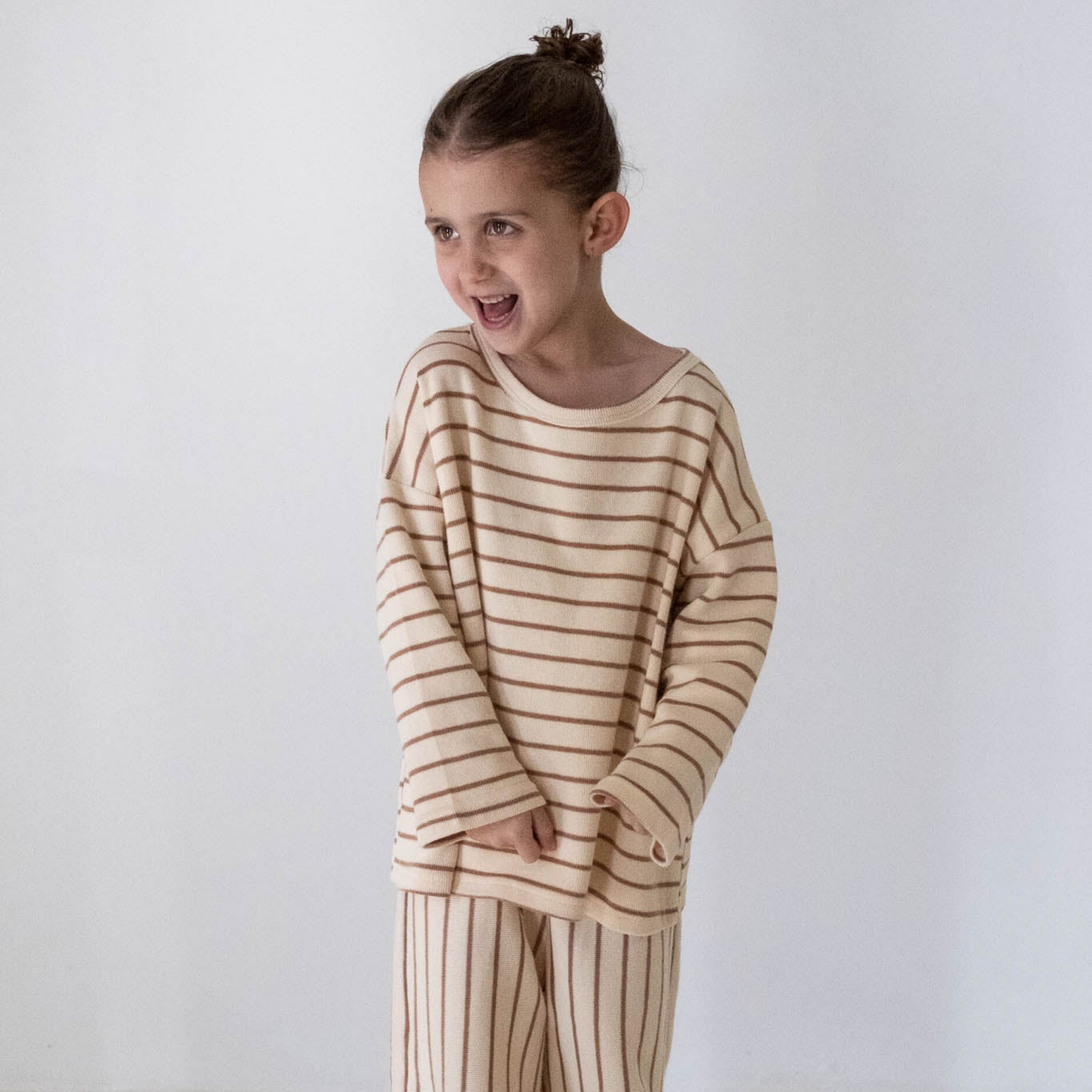 Alma Cotton Stripe Long Sleeve Set - Cream/Latte Stripe