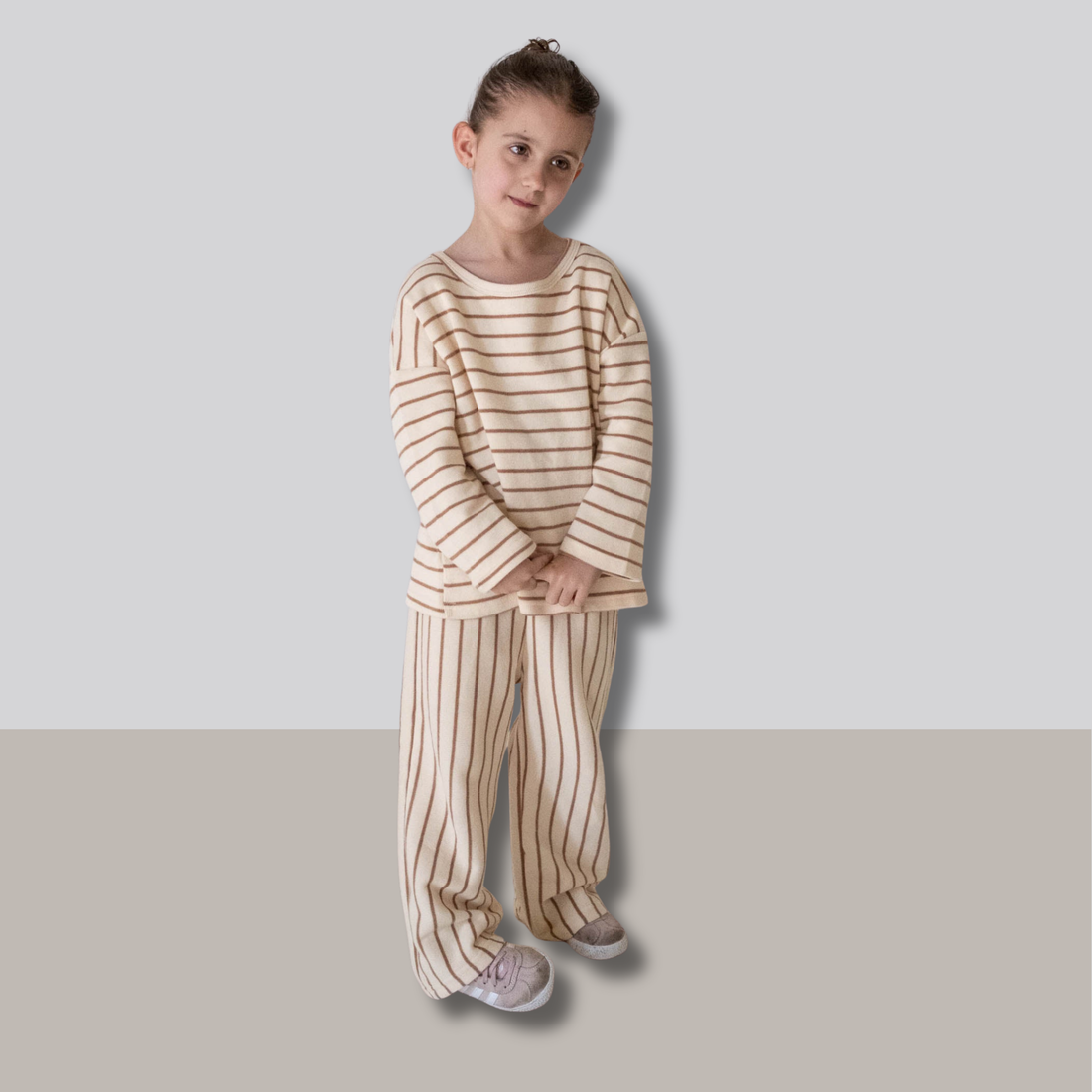 Alma Cotton Stripe Long Sleeve Set - Cream/Latte Stripe