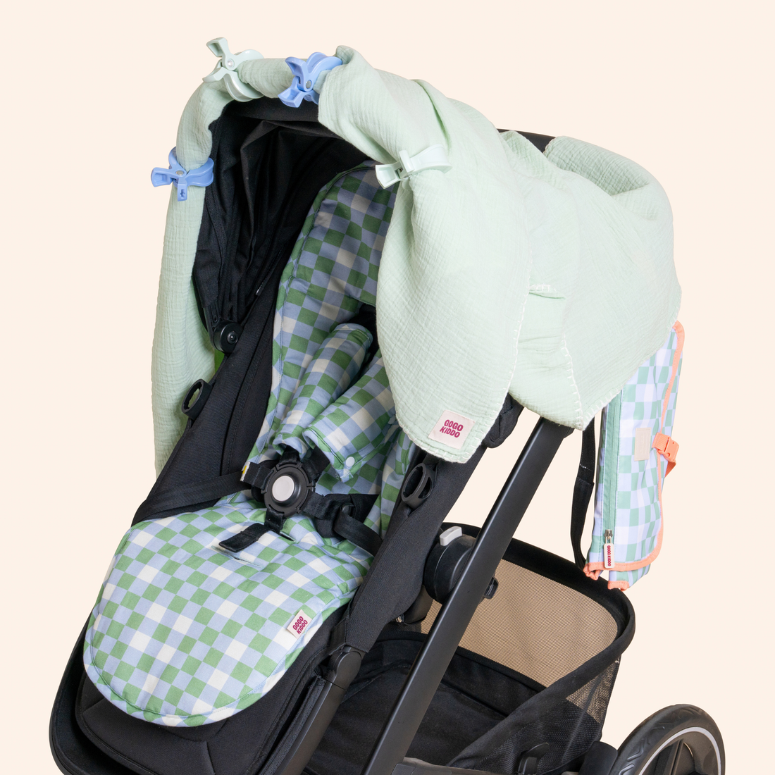 Cosy Pram Liner and Harness Protector  - Sage Green Check