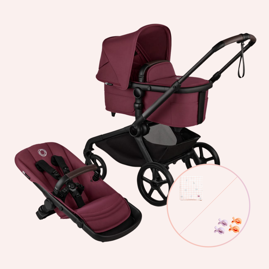 Bugaboo Kangaroo Bassinet and Seat Pram - Black/Dark Cherry
