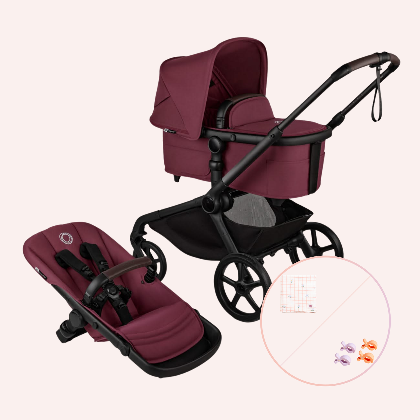 Bugaboo Kangaroo Bassinet and Seat Pram - Black/Dark Cherry