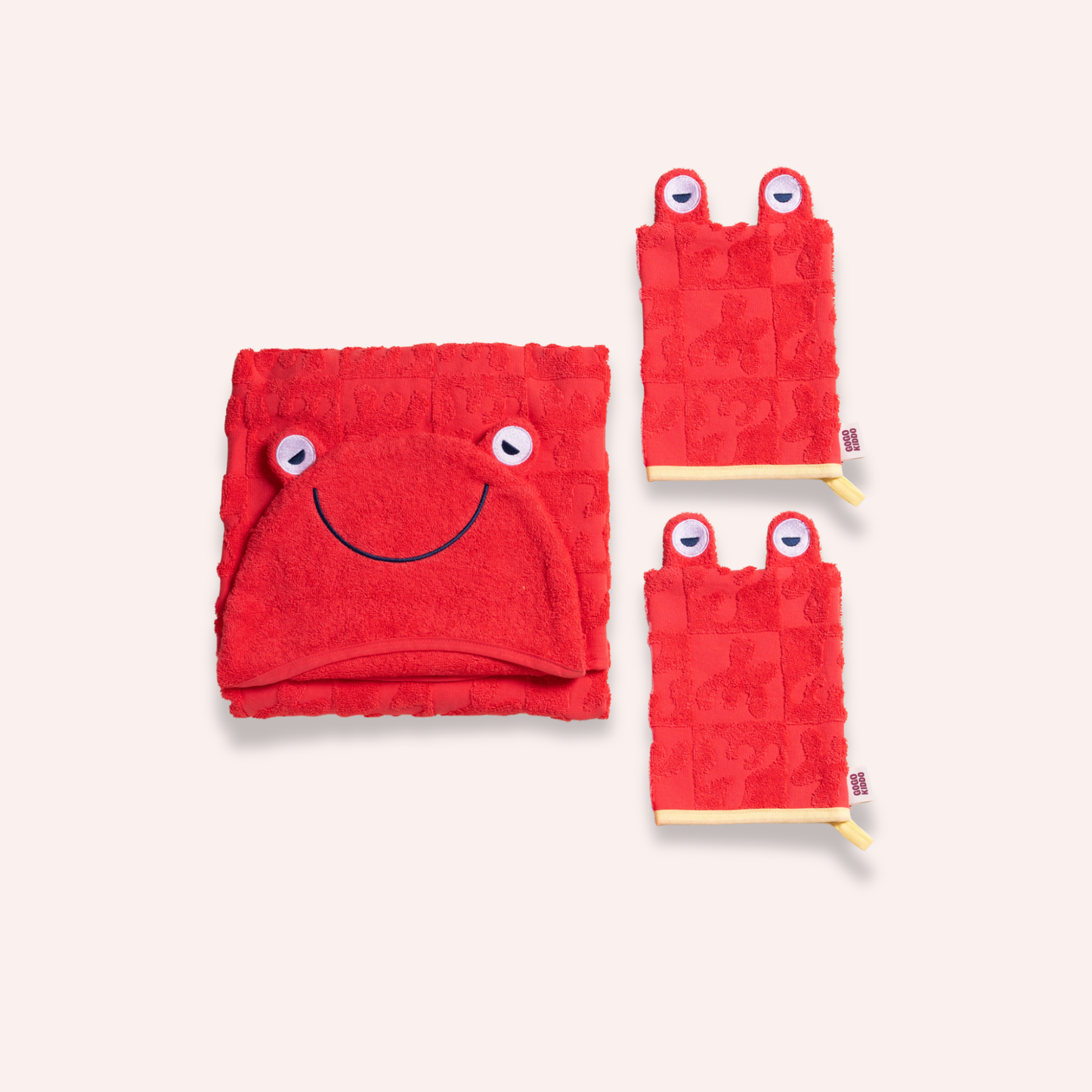 Super Soft Hooded Bath Towel and Wash Mitt Duo - Crab Red