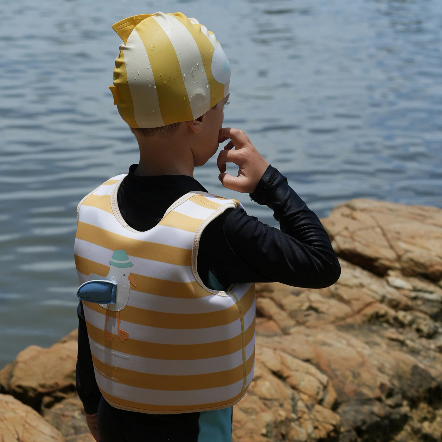 Kids Swim Vest - Sammy the Seagull Mustard Stripe