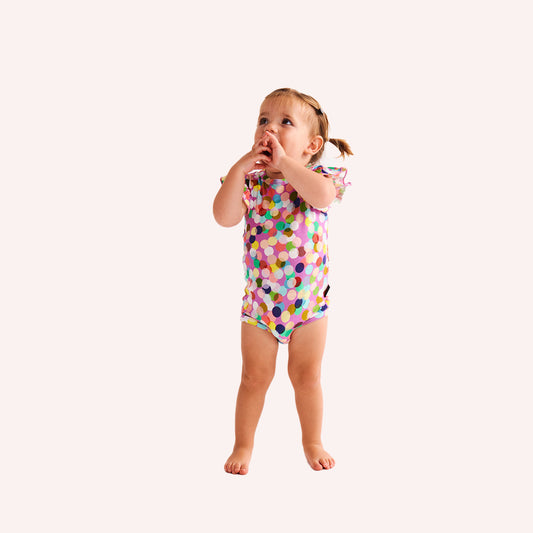 Organic Short Sleeve Frill Romper - Confetti Pink