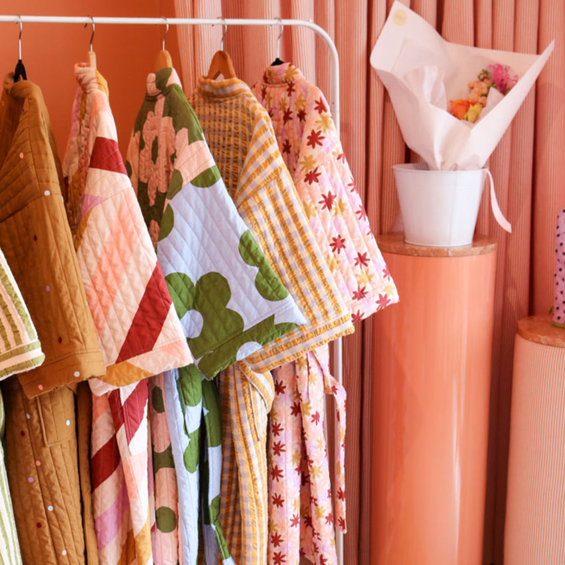 Quilted Robe - Mango Seersucker