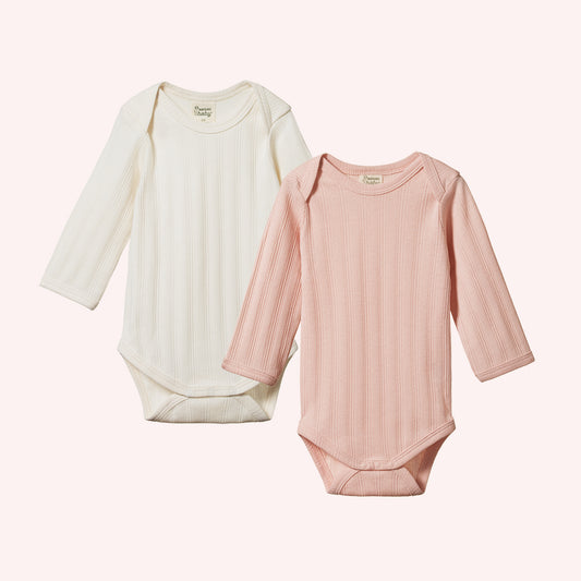 Long Sleeve Bodysuit Derby 2 Pack - Natural/Rose Bud