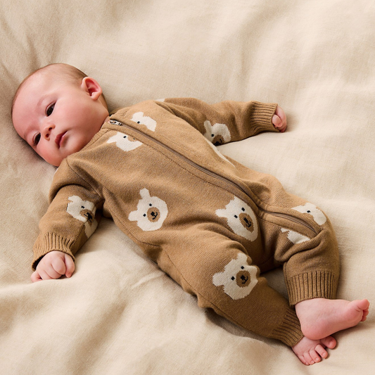 Organic Knitted Jacquard Growsuit - Beary Cute
