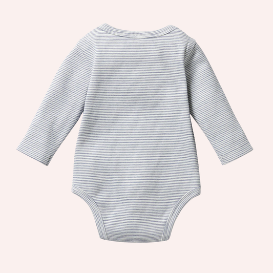 Organic Stripe Rib Long Sleeved Bodysuit - Rain Drop