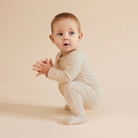 Organic Stripe Rib Zipsuit with Feet - Oatmeal