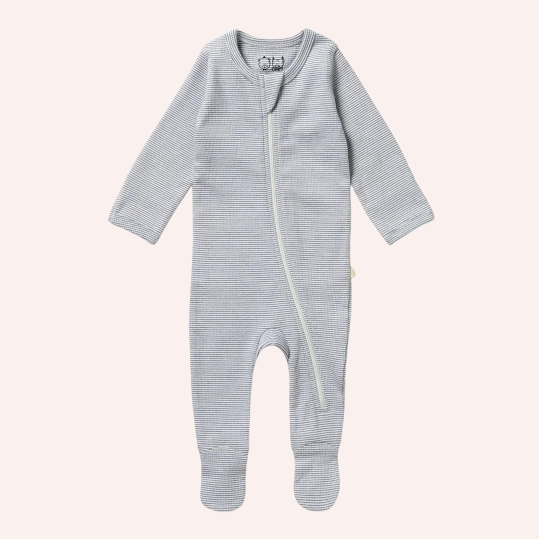 Organic Stripe Rib Zipsuit with Feet - Rain Drop