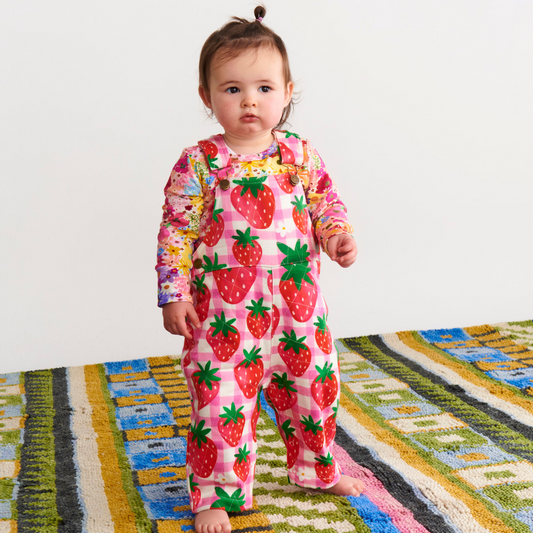 Organic Cotton Quilted Fleece Overalls - Strawberry Jam