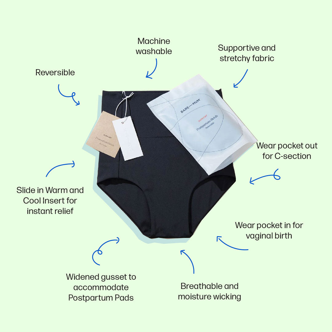 Reversible postpartum briefs with a pocket to hold ice packs that soothe your perineum or C-section.