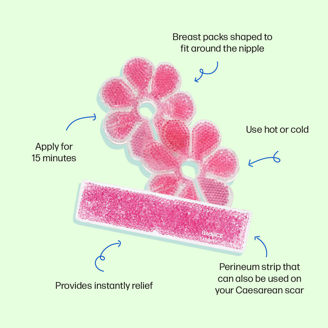 Breast and perineum gel bead packs that can be heated or frozen to provide instant relief to your sore body post-birth. 