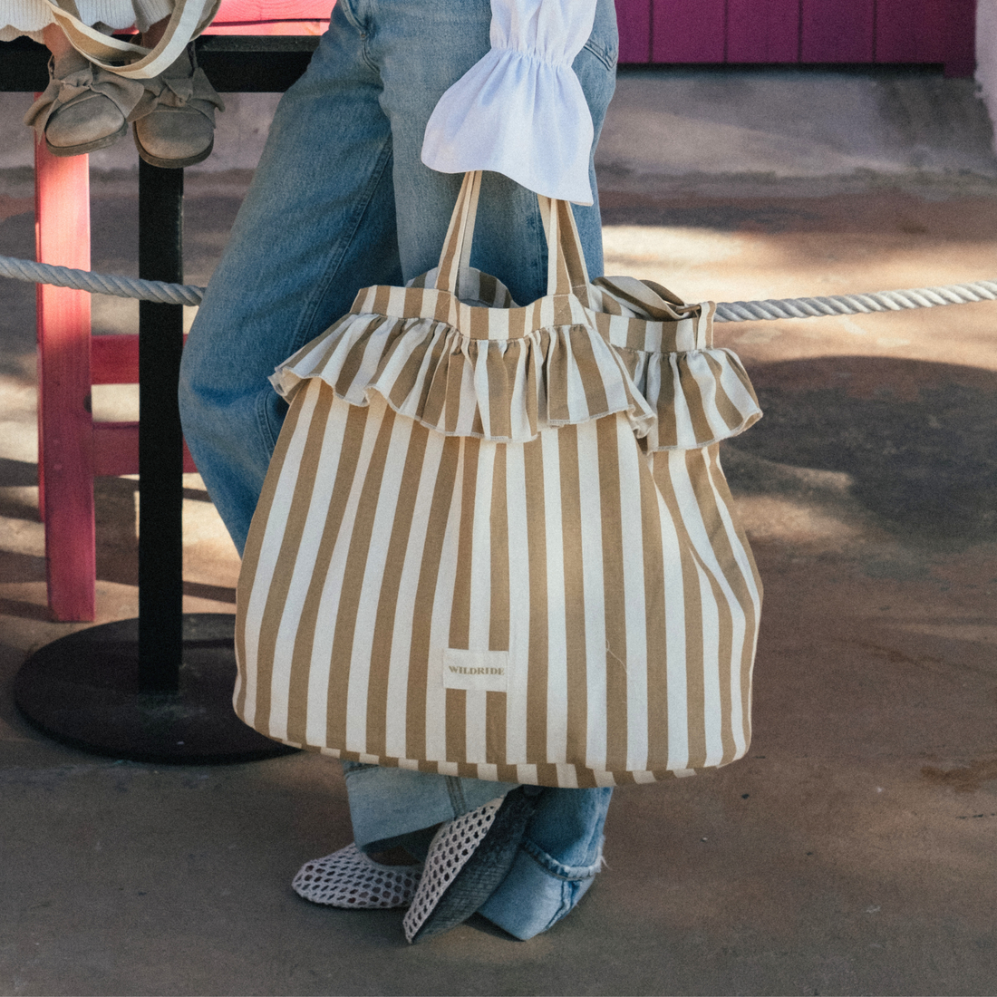 Ruffle Shoulder Bag - Beige Stripe