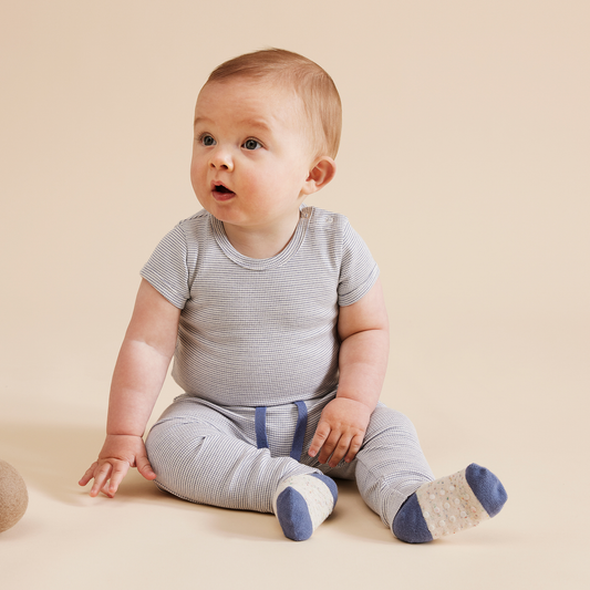Organic Stripe Rib Bodysuit - Rain Drop