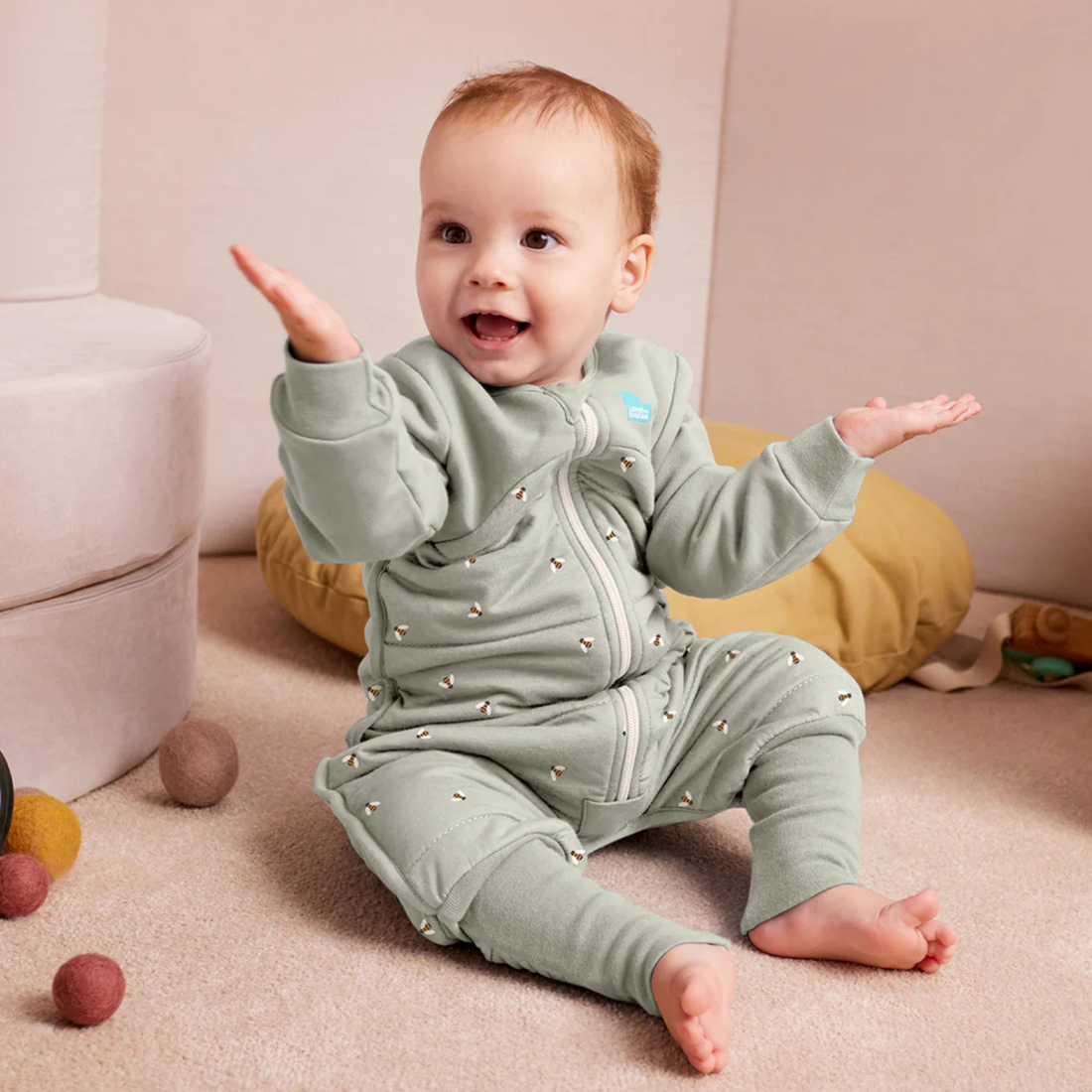 Stage 3 Sleep Suit - 2.5 TOG - Quilted Stretch Cotton - Olive Bees