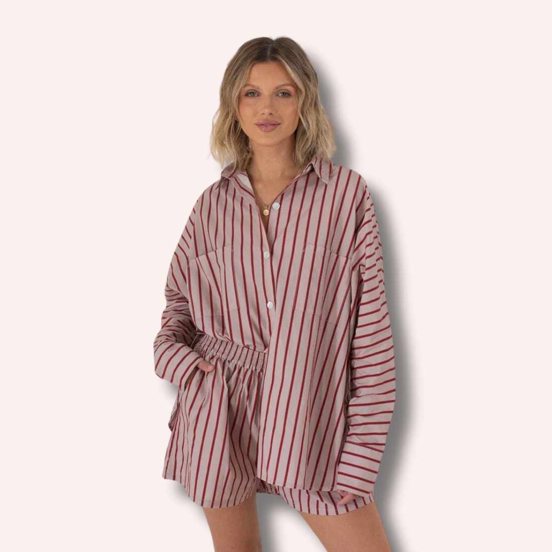 Women's Isla Stripe Cotton Set - Pale Blush/Deep Red Stripe