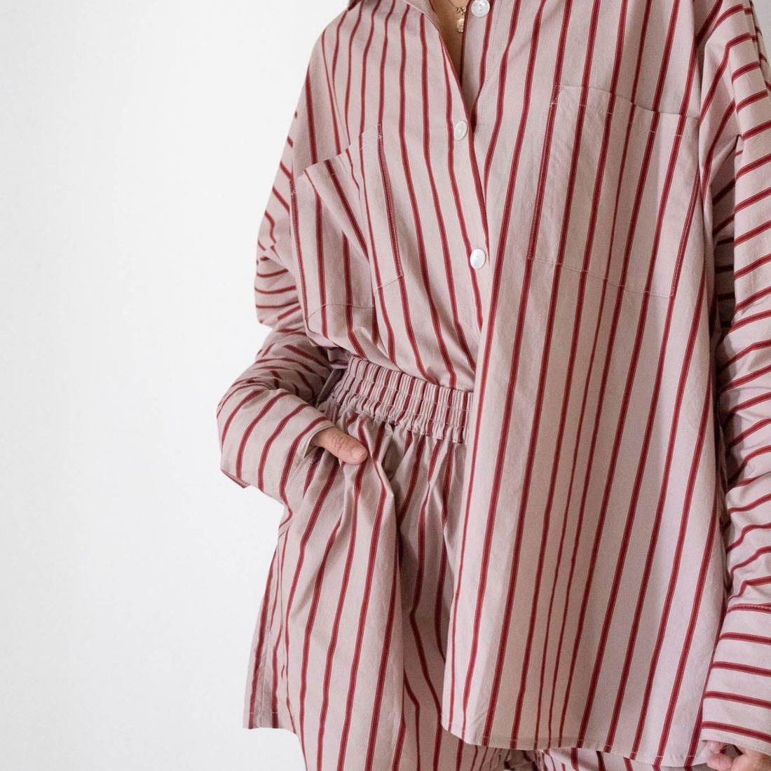 Women's Isla Stripe Cotton Set - Pale Blush/Deep Red Stripe