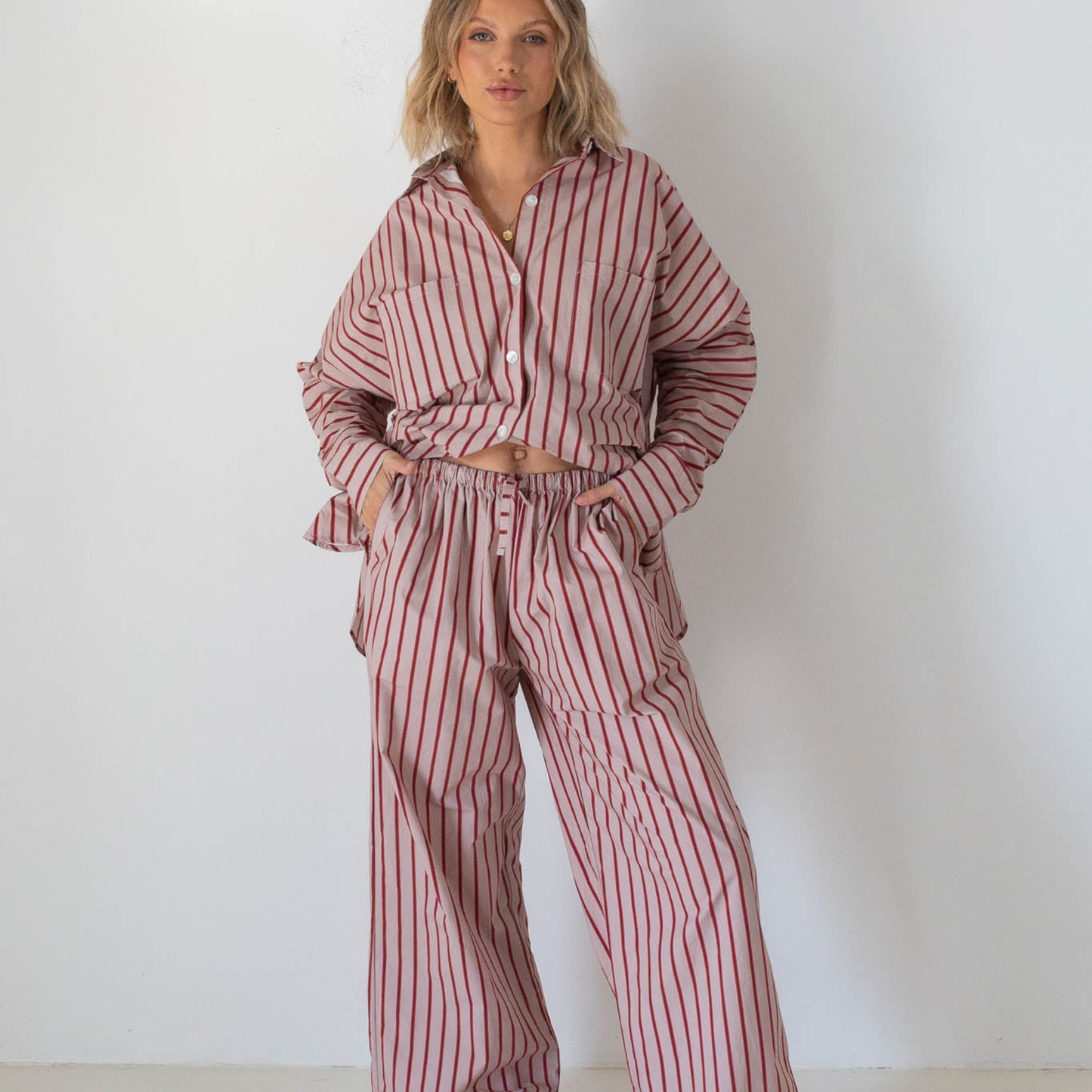 Women's Isla Stripe Cotton Set - Pale Blush/Deep Red Stripe