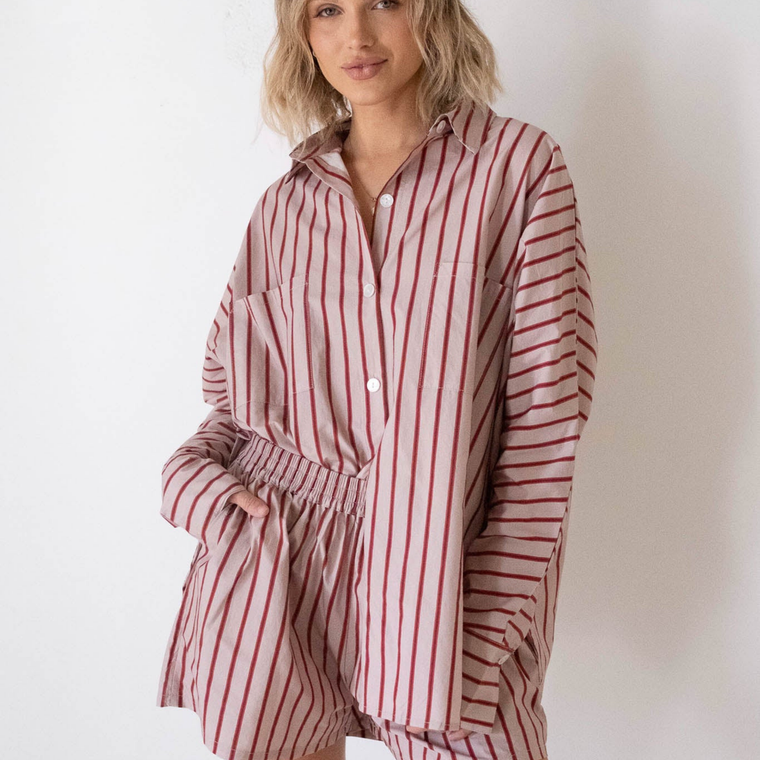 Women's Isla Stripe Cotton Set - Pale Blush/Deep Red Stripe