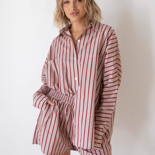 Women's Isla Stripe Cotton Set - Pale Blush/Deep Red Stripe